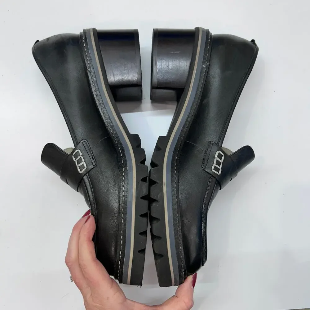 $228 Bernardo Black Slip On Leather Selma Loafers 10 Lug Sole Preppy Block Heel